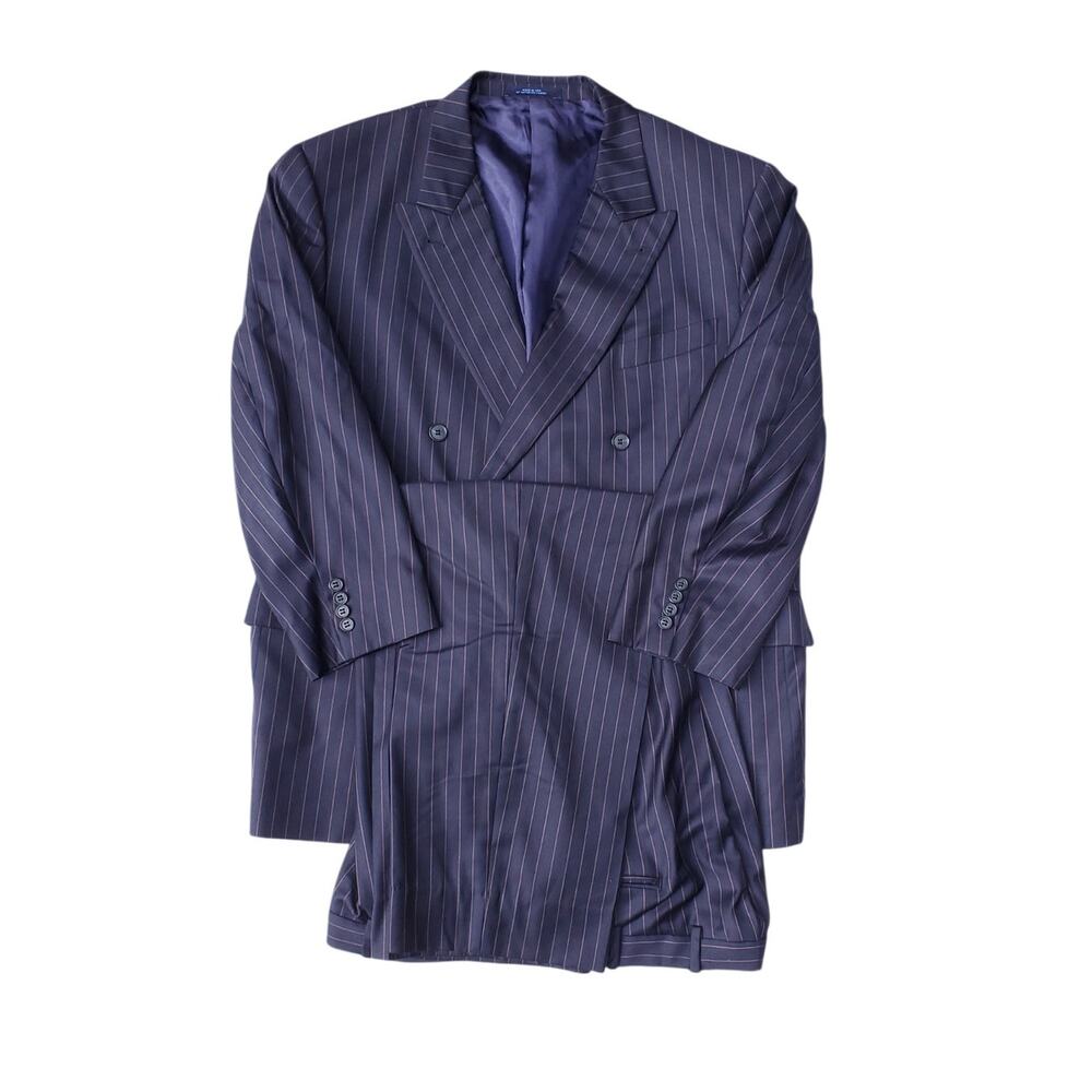 Joseph Abboud 2 Pc Suit Double Breasted Wool Navy Blue Pink Pinstripe 48R 40x28